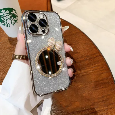 Women Fashion Glitter Pearl Mirror Apple Mobile Phone Silicone Protective Case