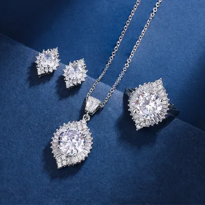 Women Fashion Simple Rhinestone Necklace Earrings Ring Set