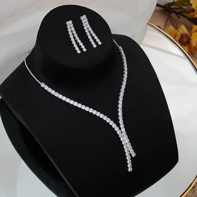 Women Simple Full Diamond Zircon Necklace Earrings Set