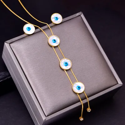 Women Fashion Heart-Shaped Four-Leaf Clover Tassel Long Necklace Earring Set Titanium Steel
