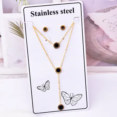 Women Fashion Heart-Shaped Four-Leaf Clover Tassel Long Necklace Earring Set Titanium Steel
