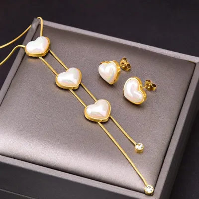Women Fashion Heart-Shaped Four-Leaf Clover Tassel Long Necklace Earring Set Titanium Steel