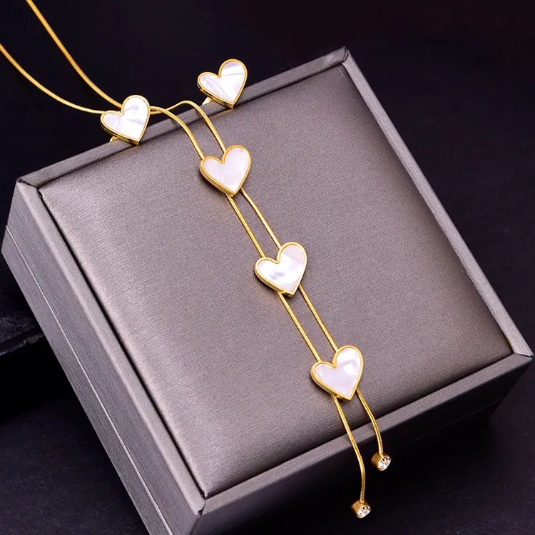Women Fashion Heart-Shaped Four-Leaf Clover Tassel Long Necklace Earring Set Titanium Steel