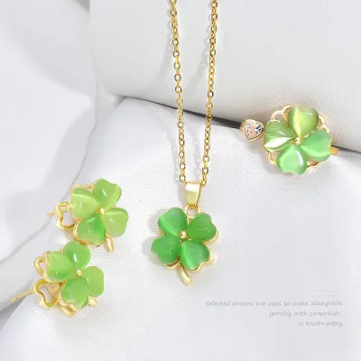 Women Fashion Simple Rotatable Cat'S Eye Green Four-Leaf Clover Necklace Earrings Ring Set