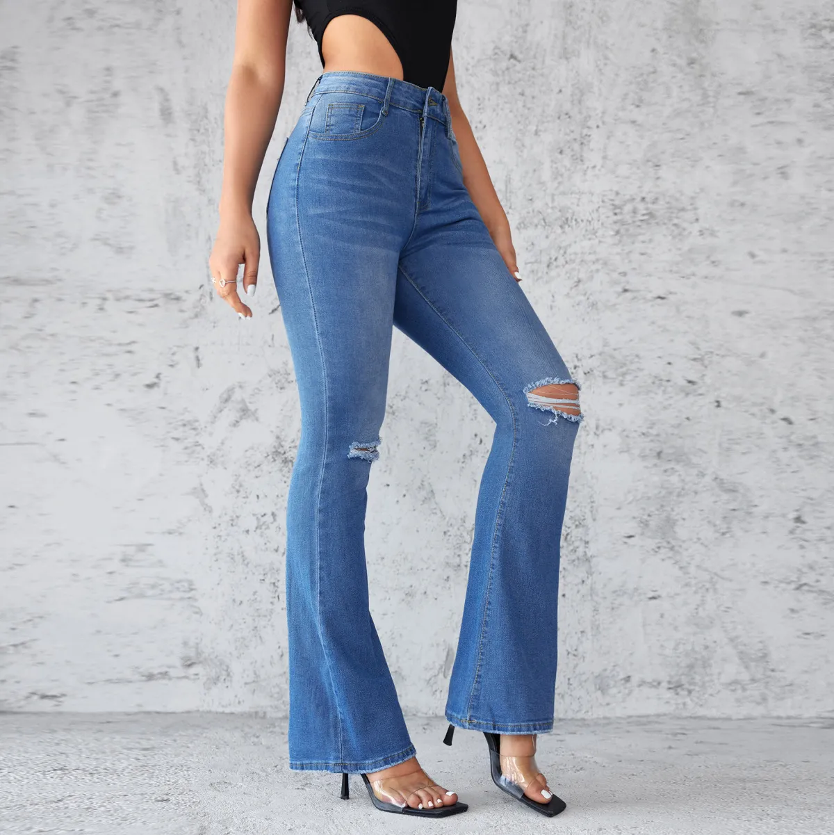 Women's Ripped High Waist Stretch Flared Jeans - Street Hipster Denim