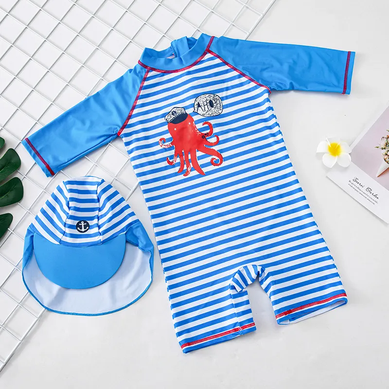 Kids Boys Casual Cute Cartoon Octopus Stripe Print Long Sleeve One Piece Swimwear