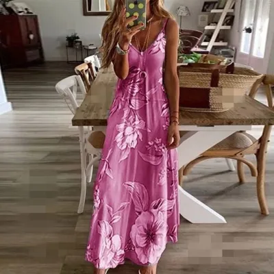 Summer Women Casual Floral Print V-Neck Sling Maxi Dress