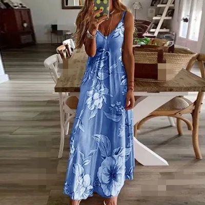 Summer Women Casual Floral Print V-Neck Sling Maxi Dress