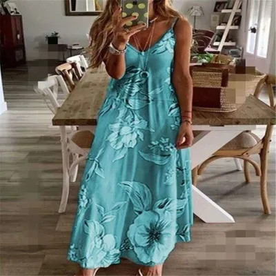 Summer Women Casual Floral Print V-Neck Sling Maxi Dress