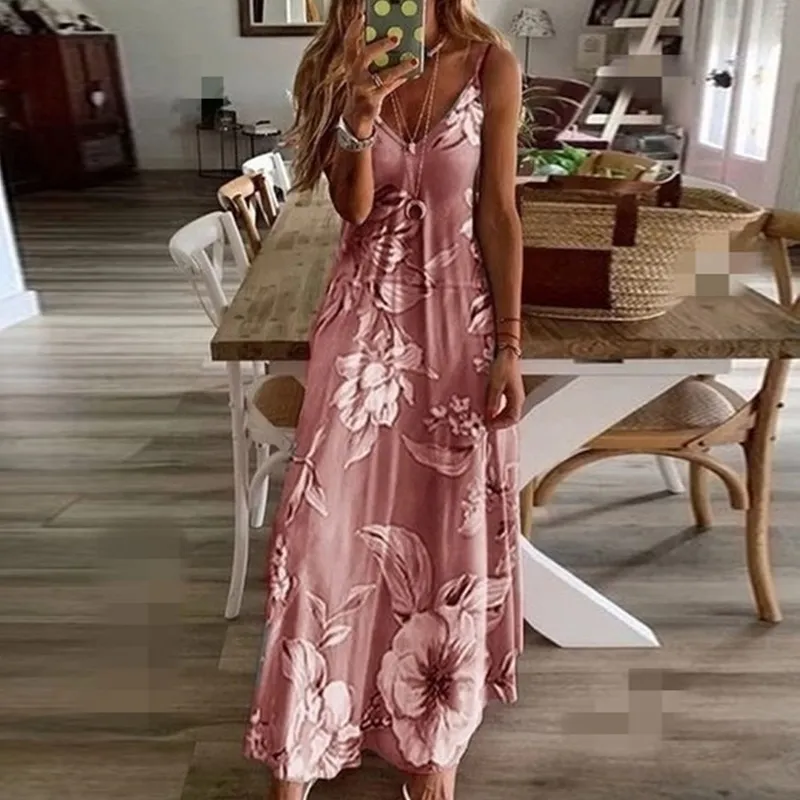 Summer Women Casual Floral Print V-Neck Sling Maxi Dress