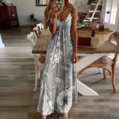Summer Women Casual Floral Print V-Neck Sling Maxi Dress