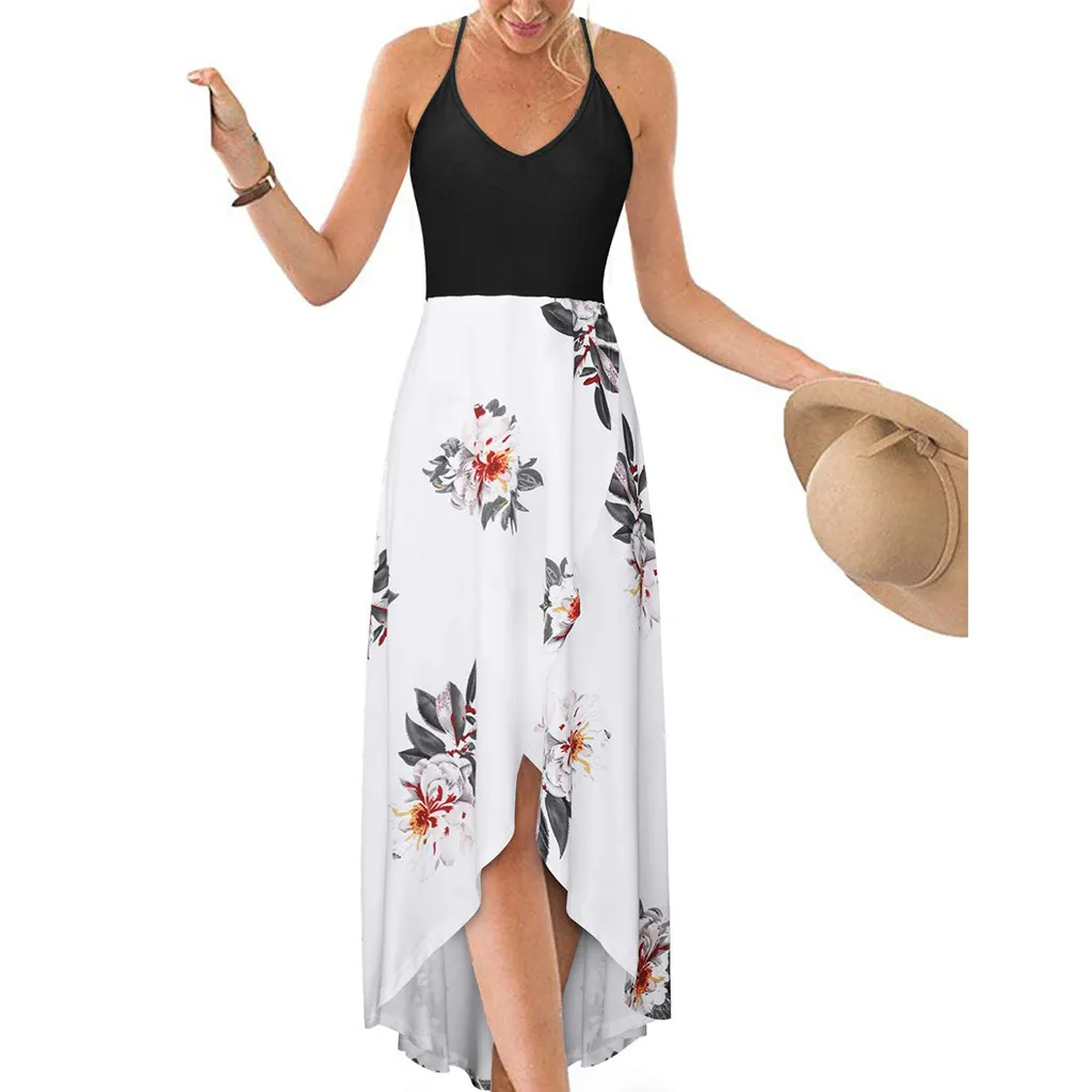 Summer Women Casual V-Neck Sleeveless Floral Printed Maxi Dress