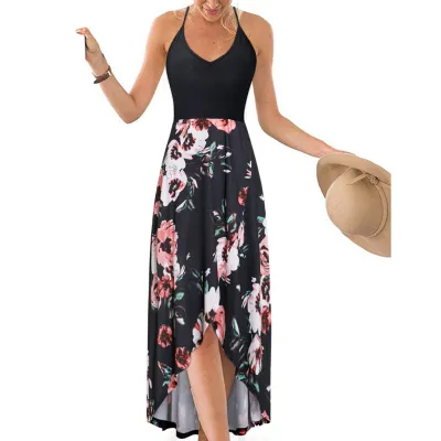 Summer Women Casual V-Neck Sleeveless Floral Printed Maxi Dress