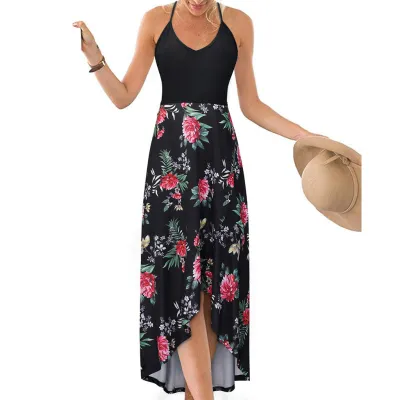 Summer Women Casual V-Neck Sleeveless Floral Printed Maxi Dress