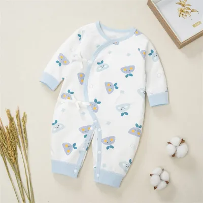 Kids Baby Boys Girls Casual Cute Solid Color Cartoon Print Long Sleeve Romper Lace-Up Butterfly Clothes