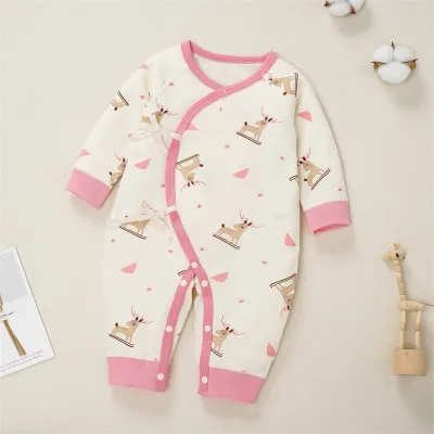 Kids Baby Boys Girls Casual Cute Solid Color Cartoon Print Long Sleeve Romper Lace-Up Butterfly Clothes