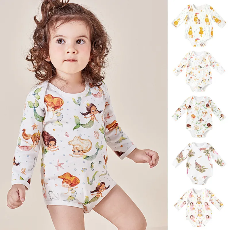 Kids Baby Boys Girls Casual Cute Cartoon Print Long Sleeve Romper Cotton Pullover Triangle Climb