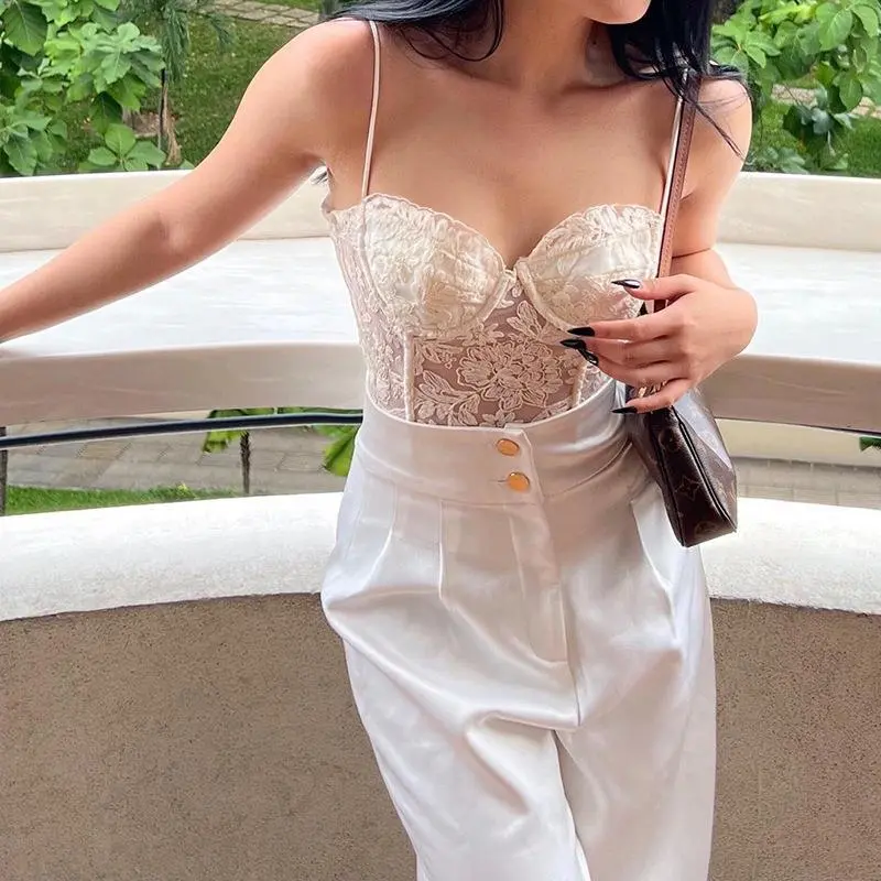 Women Fashion Sexy Perspective Lace Stitching Camisole Tank Top