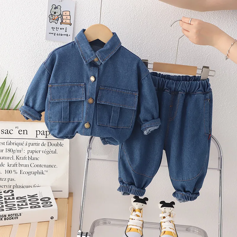 Kids Toddler Boys Fashion Casual Long Sleeve Lapel Denim Jacket Jeans Set Two Piece