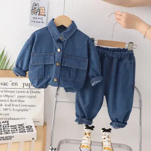 Kids Toddler Boys Fashion Casual Long Sleeve Lapel Denim Jacket Jeans Set Two Piece