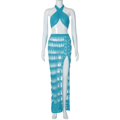 Summer Women Fashion Sexy Knitted Hollow Chest Wrap Top Split Skirt Two-Piece Set