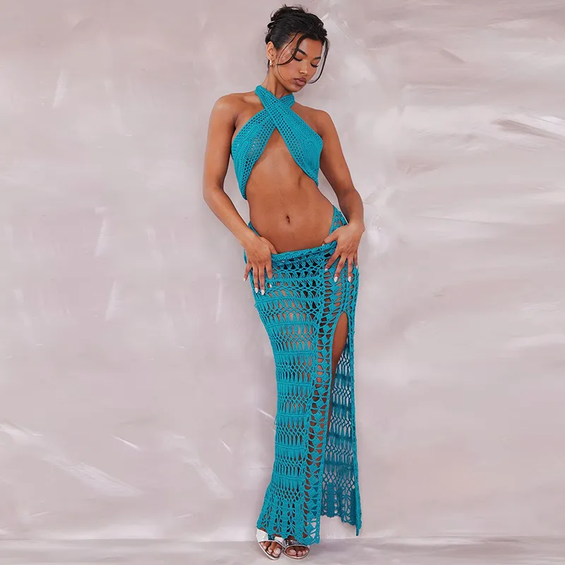 Summer Women Fashion Sexy Knitted Hollow Chest Wrap Top Split Skirt Two-Piece Set