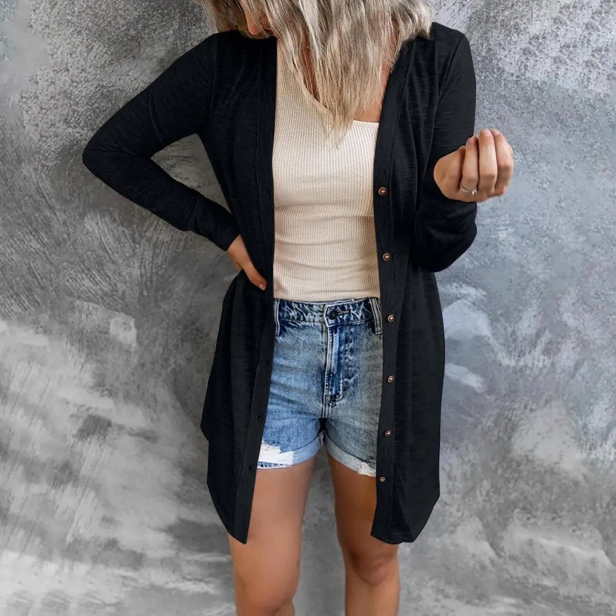 Women Casual Loose Fit Long Sleeve Button Cardigan Jacket