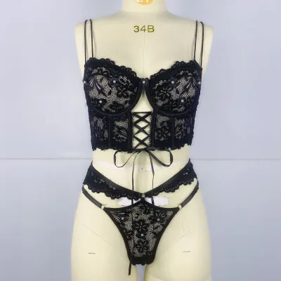Women Sexy Lace Beaded Floral Perspective Bra Set