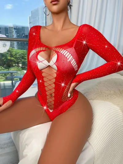 Women Sexy Hollow Rhinestone Long Sleeve Bodysuits Bra Set