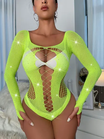 Women Sexy Hollow Rhinestone Long Sleeve Bodysuits Bra Set