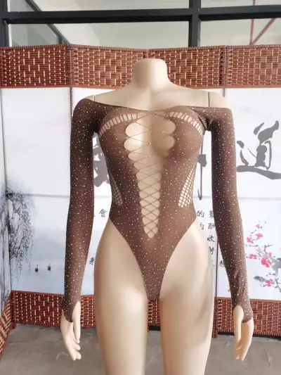 Women Sexy Hollow Rhinestone Long Sleeve Bodysuits Bra Set