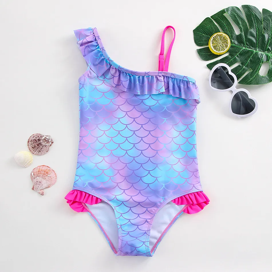Girl Kids Mermaid Printed Fish Scale One-Piece Swimsuit Polyester