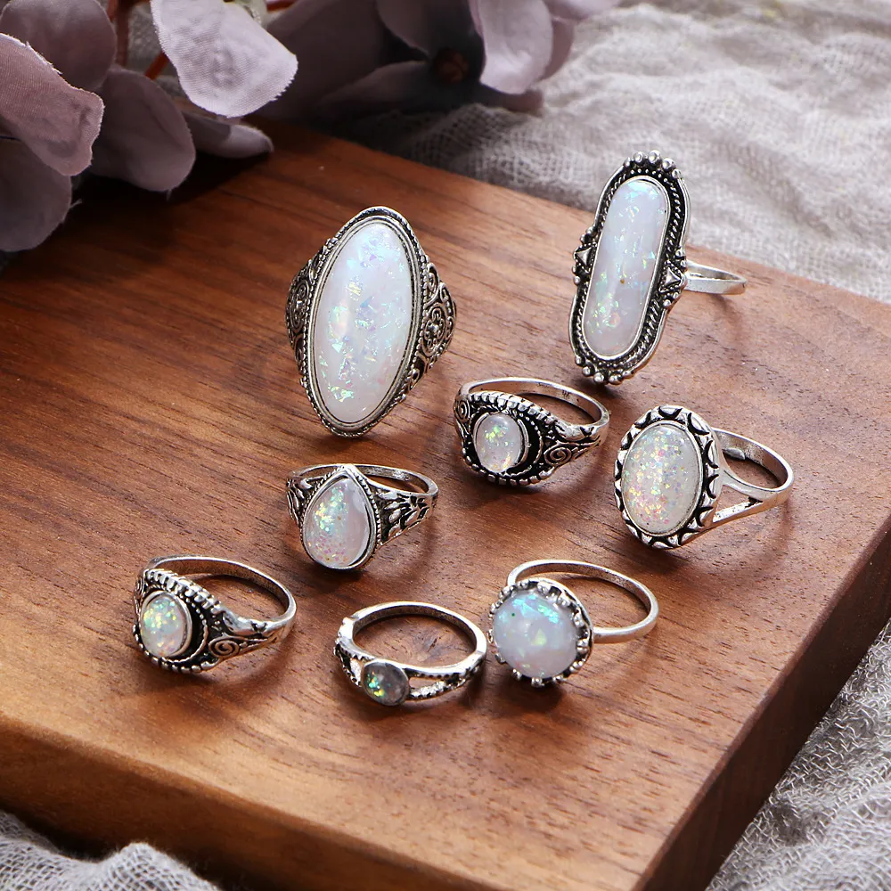 Women Fashion Vintage Multicolor Transparent Gem Joint Ring Set 8-Piece