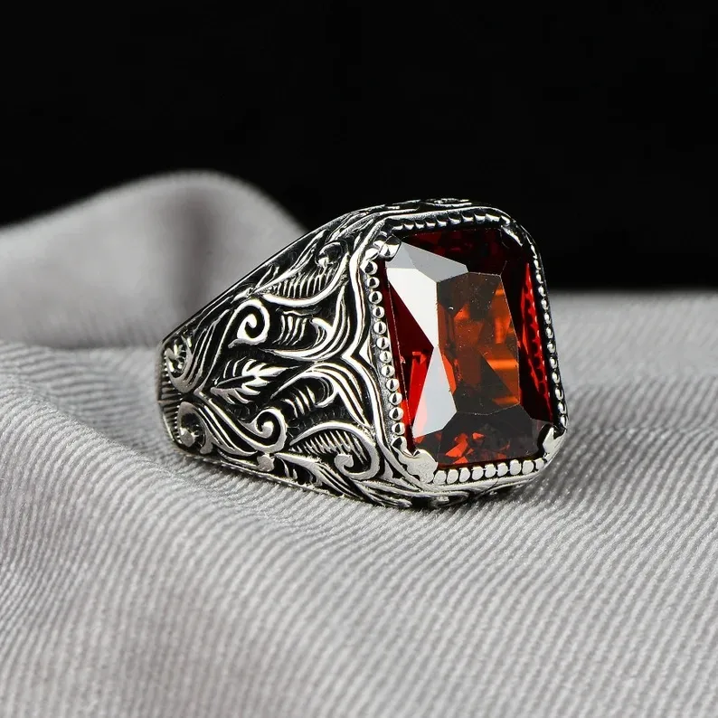 Men Fashion Creative Square Red Zircon Ring