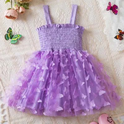 Kids Toddler Girls Casual Cute Butterfly Solid Color Mesh Strap Dress