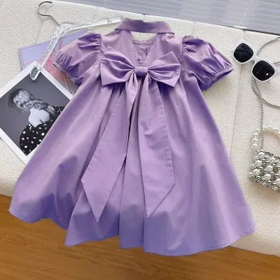 Kids Toddler Big Girls Casual Cute Solid Color Bow Short Sleeve Lapel POLO Dress