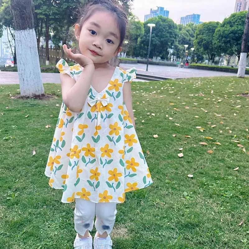 Kids Baby Girls Casual Cute Heart-Shaped Polka Dot Fruit Print Sleeveless Pleated Cotton Dress