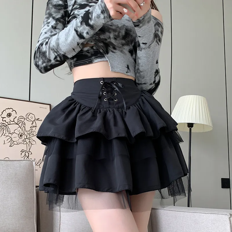 Women High Waist Mesh Tutu Skirt Solid Color Sweet Fresh