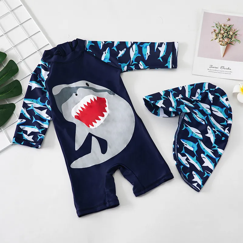 Kids Toddler Boys Cute Cartoon Shark Print Long Sleeve One Piece Swimwear