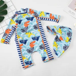 Kids Toddler Boys Cute Cartoon Shark Print Long Sleeve One Piece Swimwear