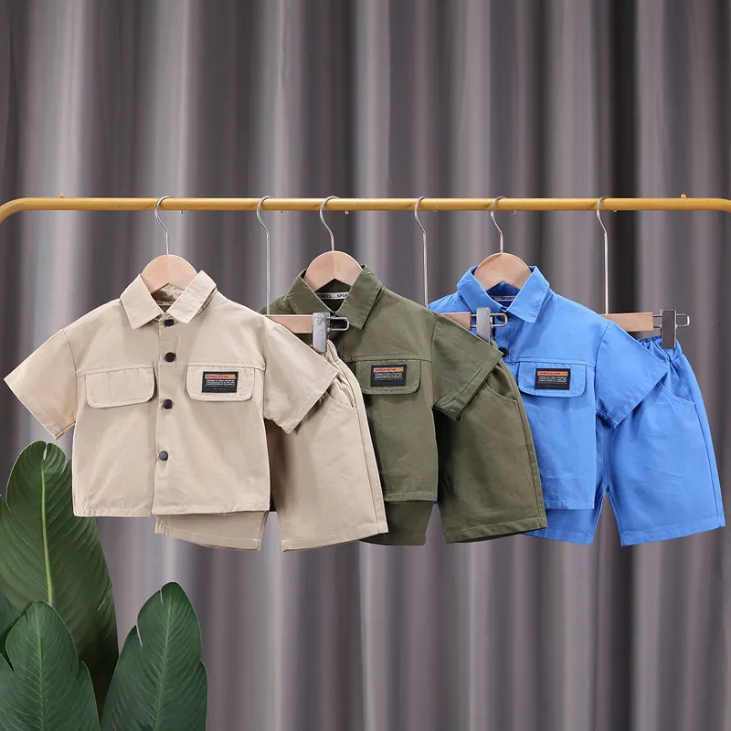 Boys Summer Casual Solid Color Short Sleeve and Shorts Two-Piece Set