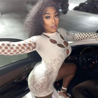 Mesh See-Through Hollow-Out Crew Neck Long-Sleeved Tight-Fit Women Rompers