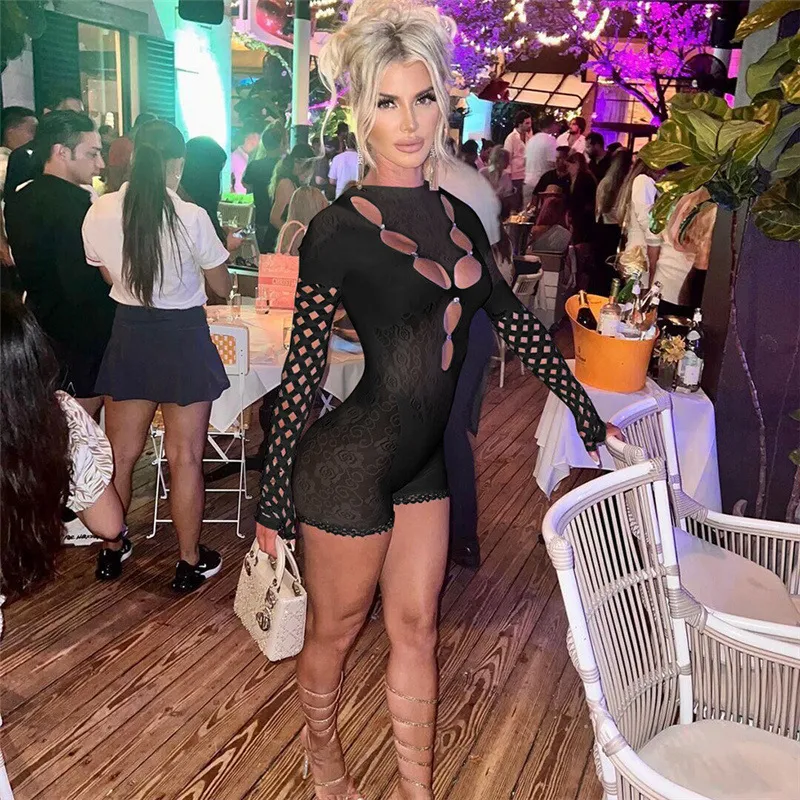 Mesh See-Through Hollow-Out Crew Neck Long-Sleeved Tight-Fit Women Rompers