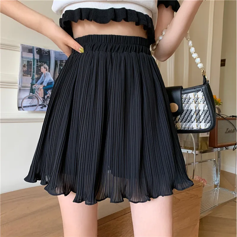 Women Casual Solid Color Pleated High Waist Chiffon Skirt