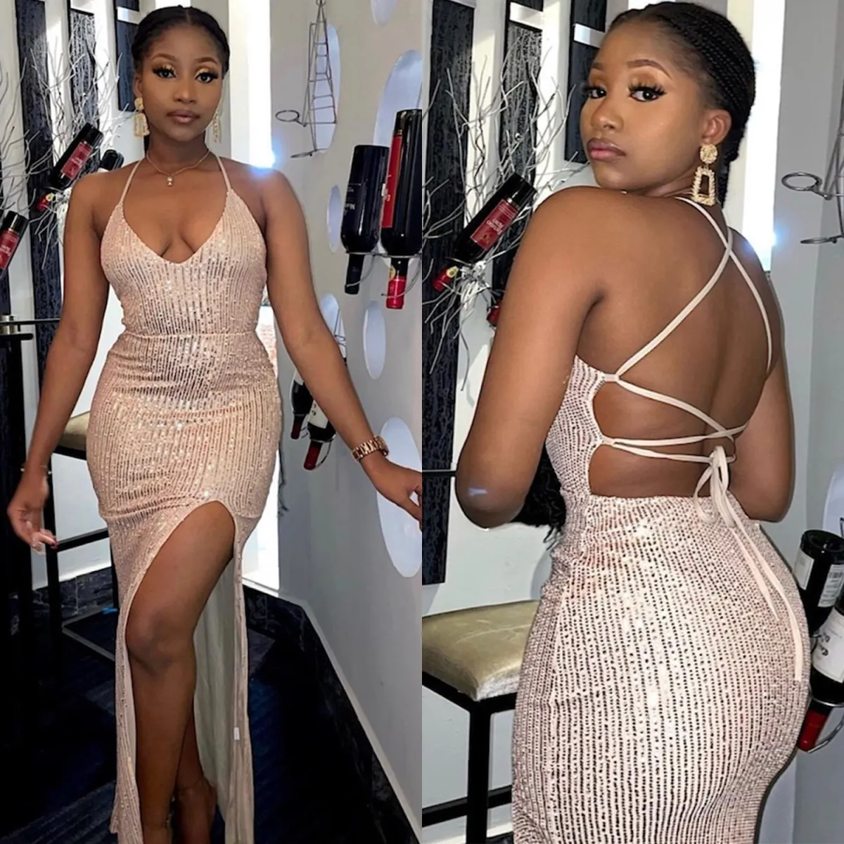 Women Fashion Sexy Backless Bandage Strap Party Maxi Sequin Dress