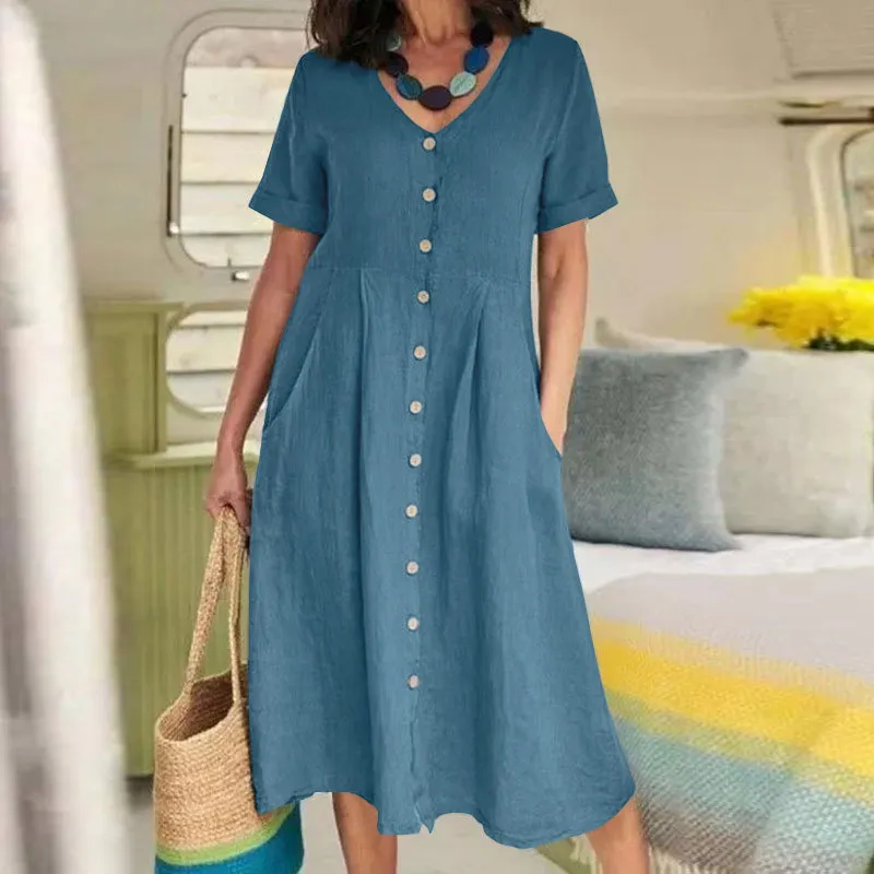 Spring And Summer Solid Color Loose High Waist Cotton Linen Short Sleeve Casual Midi Dress
