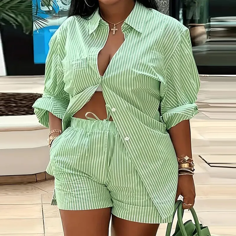 Casual Women Graphic Print Shirt Blouse Shorts Two-Piece Set