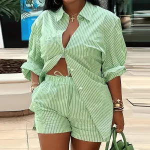 Casual Women Graphic Print Shirt Blouse Shorts Two-Piece Set