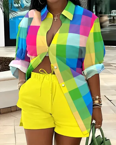 Casual Women Graphic Print Shirt Blouse Shorts Two-Piece Set