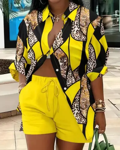 Casual Women Graphic Print Shirt Blouse Shorts Two-Piece Set
